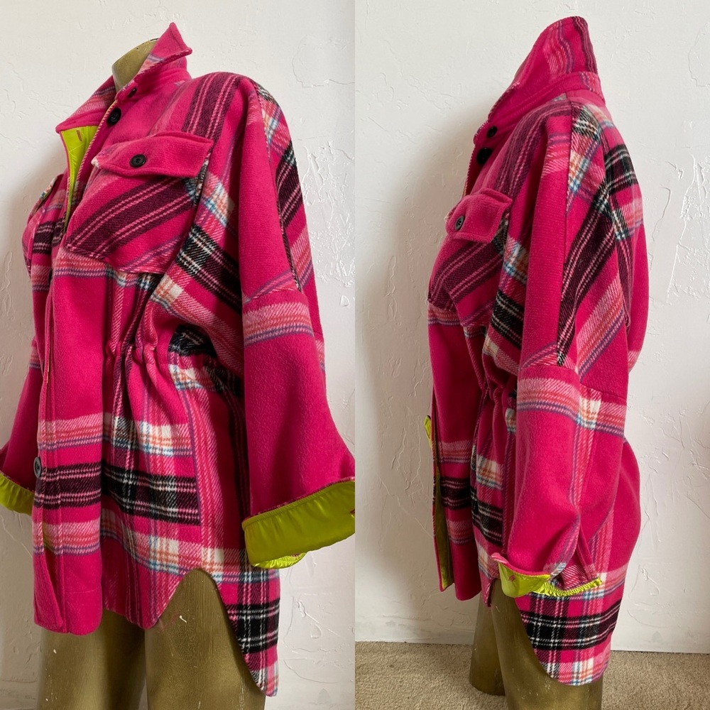 FREE PEOPLE Pink & Lime DOWN FOR YOU Plaid Shacket JACKET Size XS - Picture 5 of 16